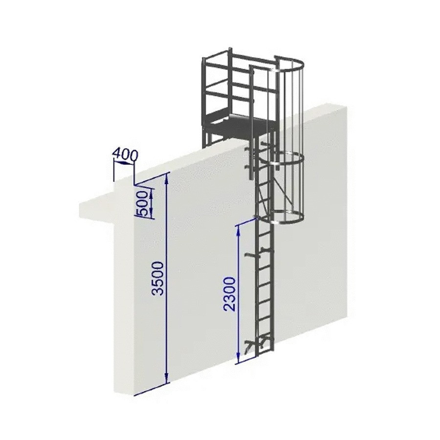 Échelle à crinoline hauteur 3500 mm avec passage d'acrotère NF E85-016